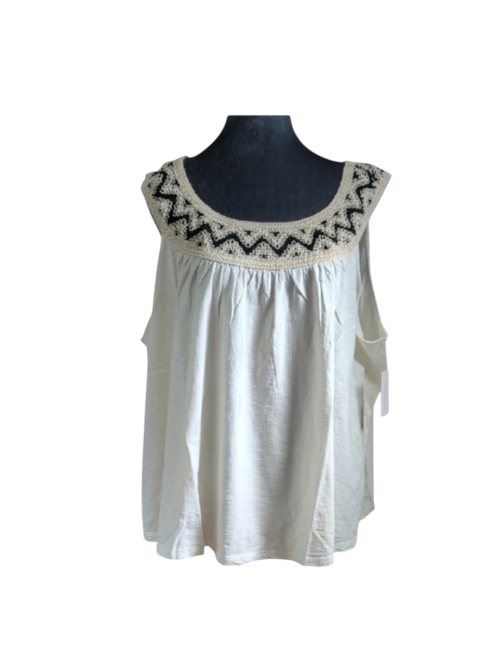 Lucky Brand Cream Colored Sleeveless Flowy Top with Black Crochet Neckline 3XL